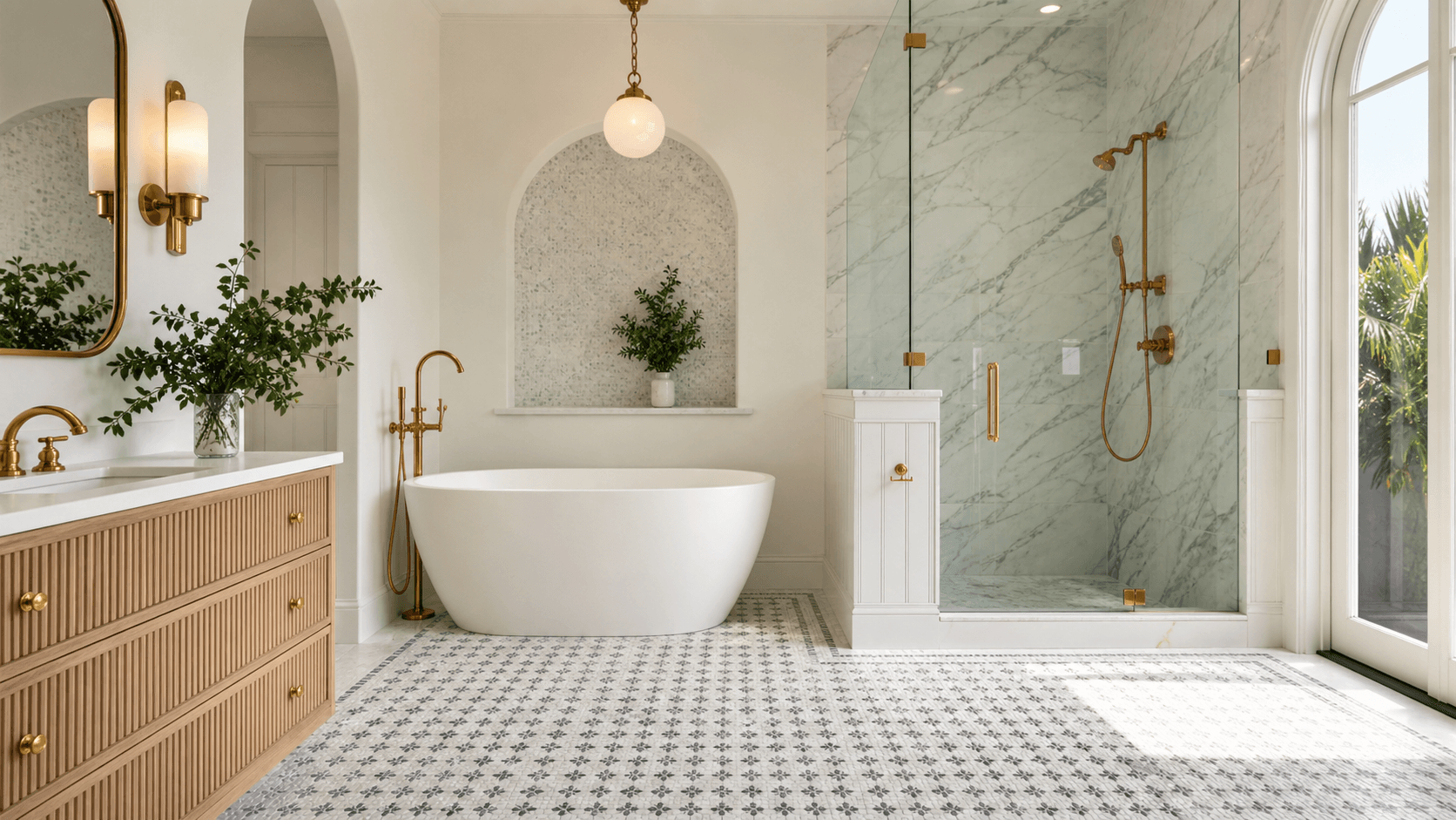 Sunlit bathroom with vintage tile, clawfoot tub, brass fixtures, and modern glass shower in airy coastal tones.