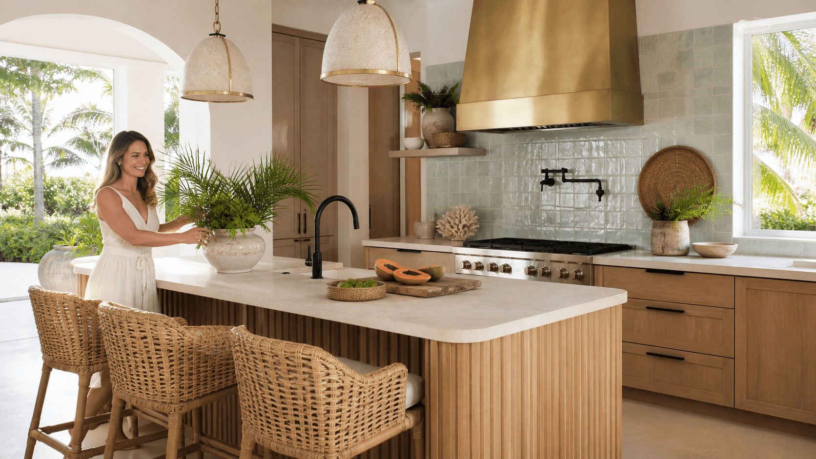 Bright coastal kitchen with pale wood cabinets, white countertops, brass fixtures, and sunlit window views