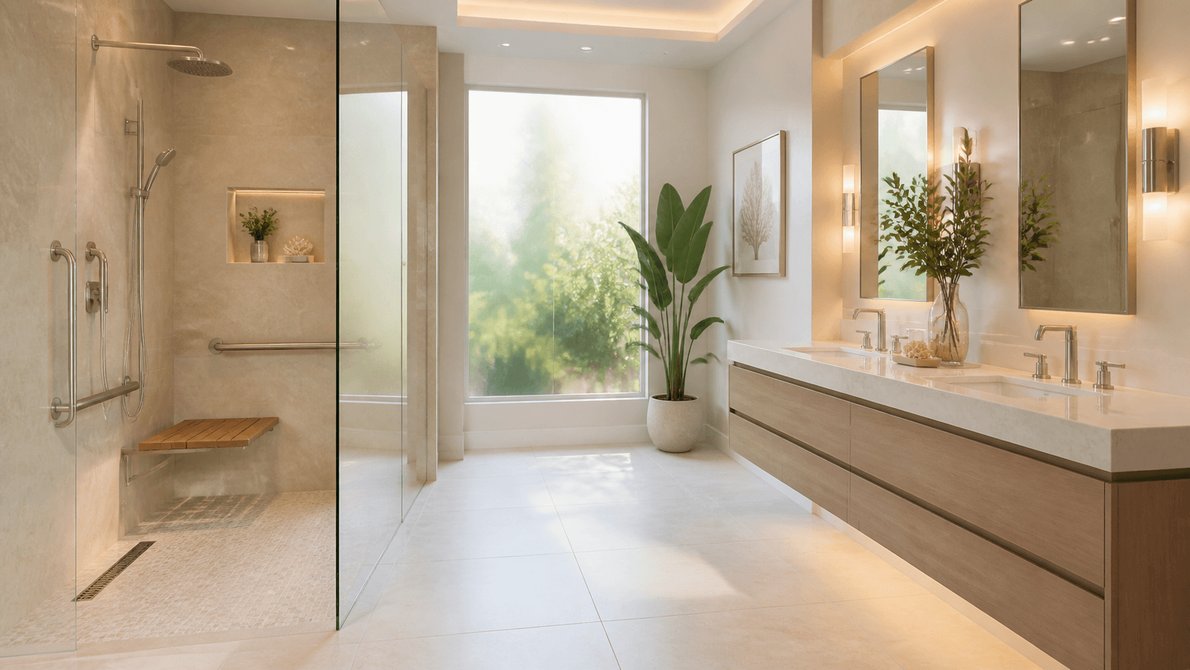 Bright modern bathroom with a walk-in shower, grab bars, wide vanity, and warm natural light.