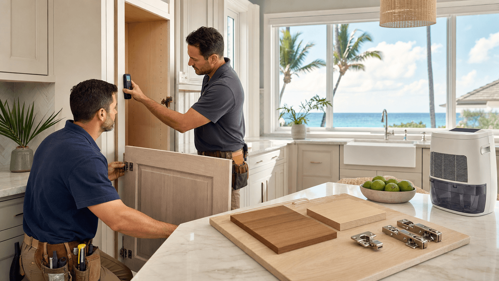 Sunlit coastal kitchen with white shaker cabinets, brass pulls, marble counters, and palm fronds by a window