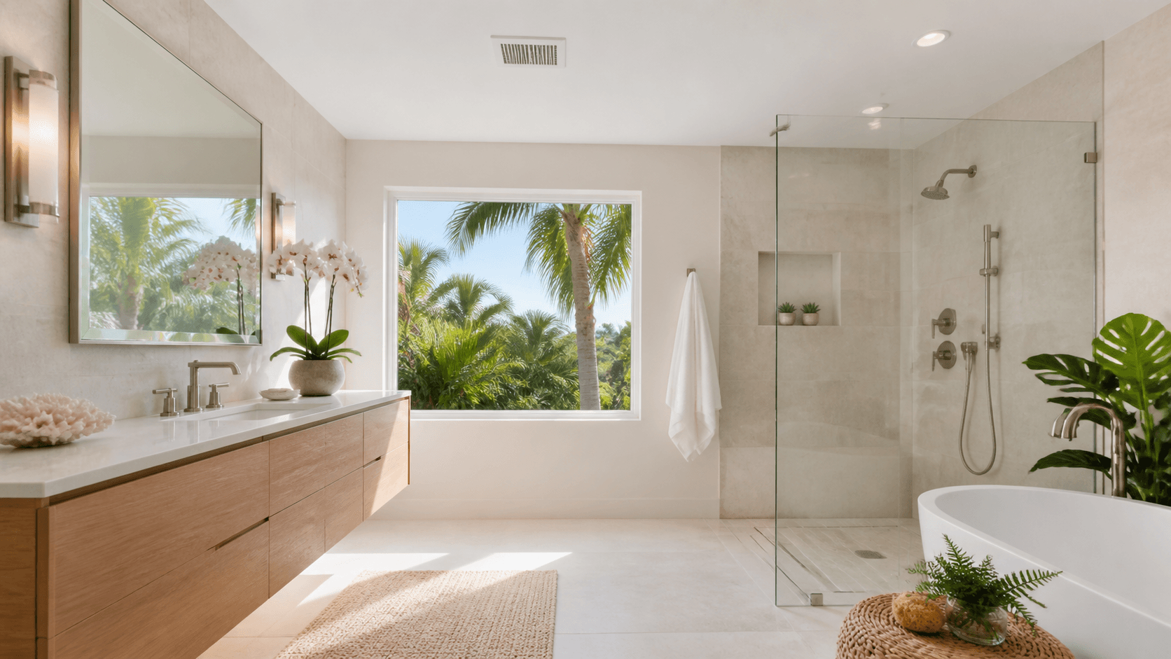 Sunlit luxury bathroom with white marble, glass shower, brass fixtures, and tropical greenery.