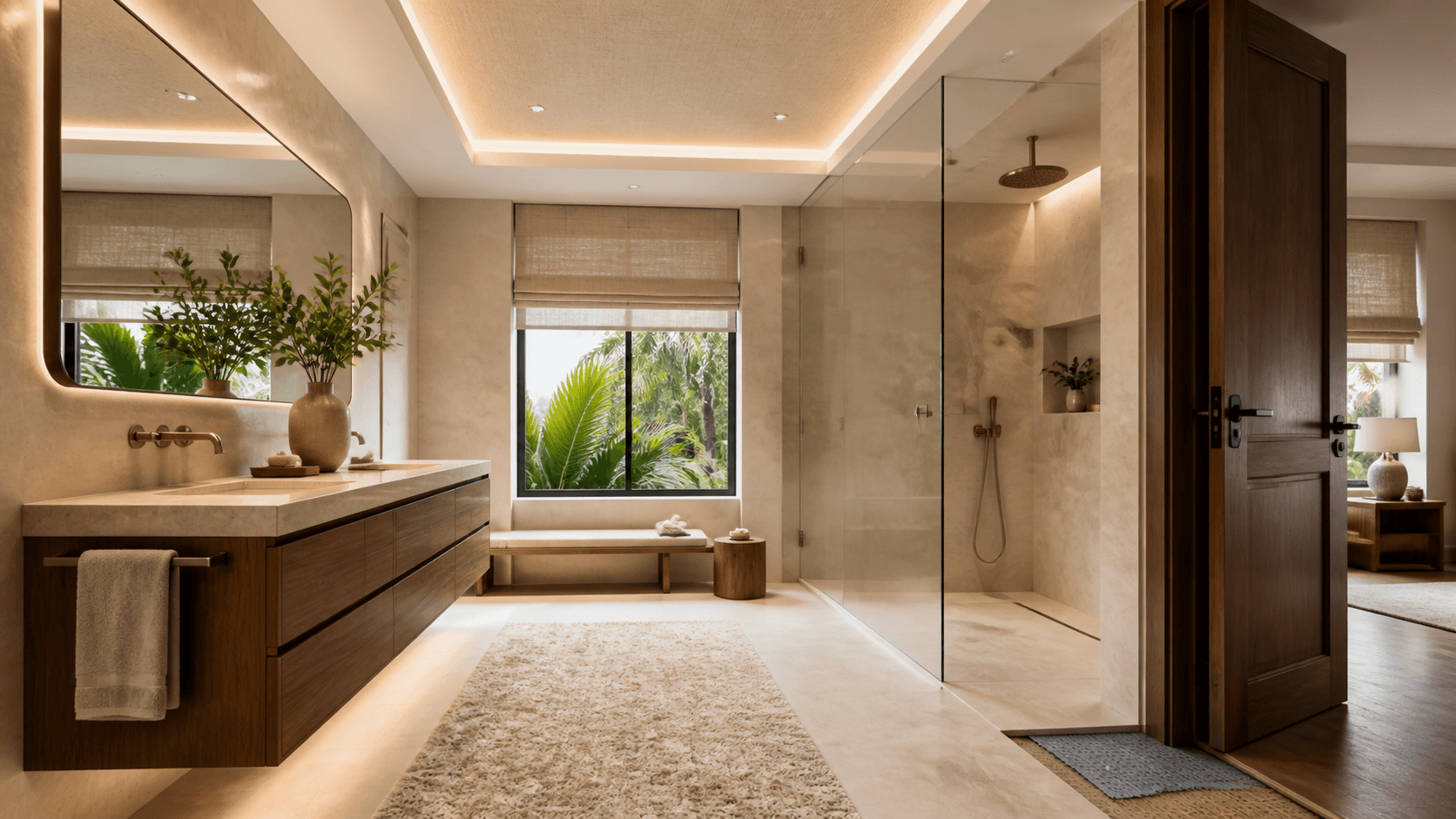 Serene modern bathroom with white marble walls, freestanding tub, brass fixtures, and soft natural light.