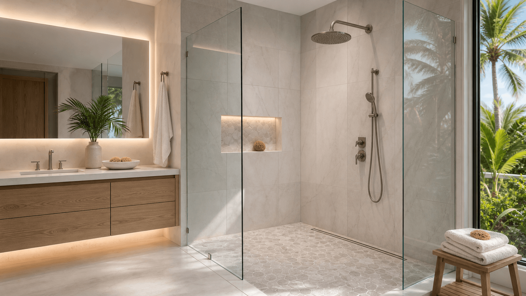 Sunlit luxury shower with white marble walls, brass fixtures, glass enclosure, and a small palm plant in corner