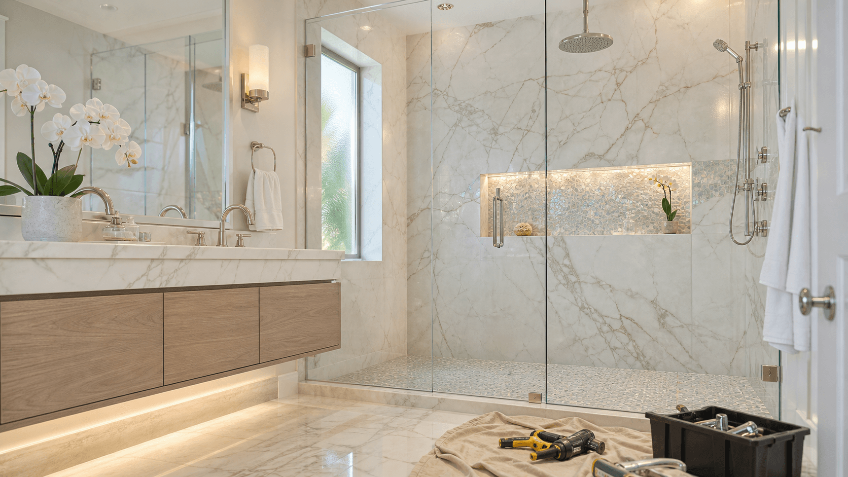 Sunlit luxury shower with marble walls, mosaic tile floor, and clear glass enclosure with chrome fixtures.
