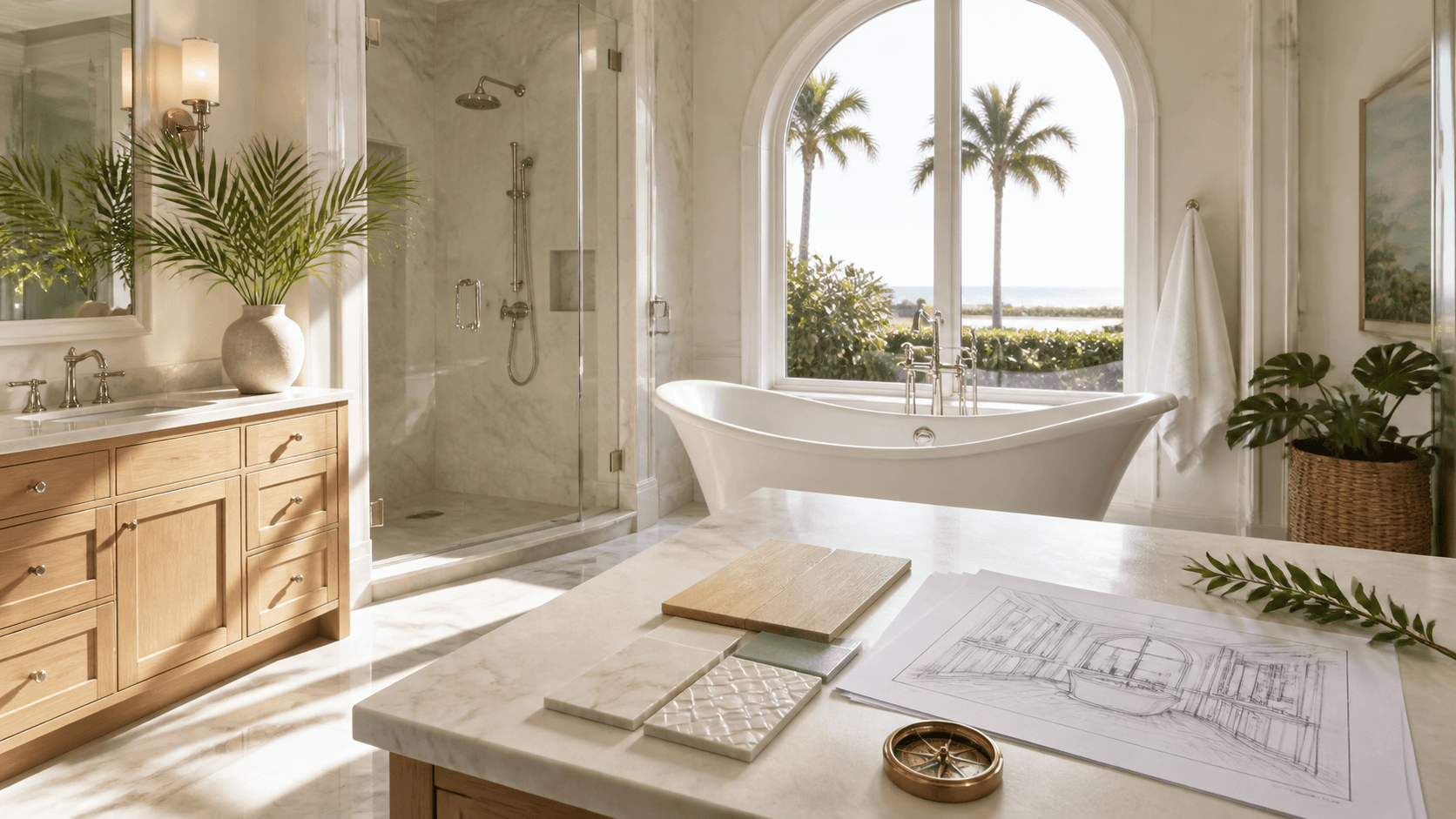 Elegant bathroom with marble vanity, brass fixtures, and arched windows overlooking palm trees.