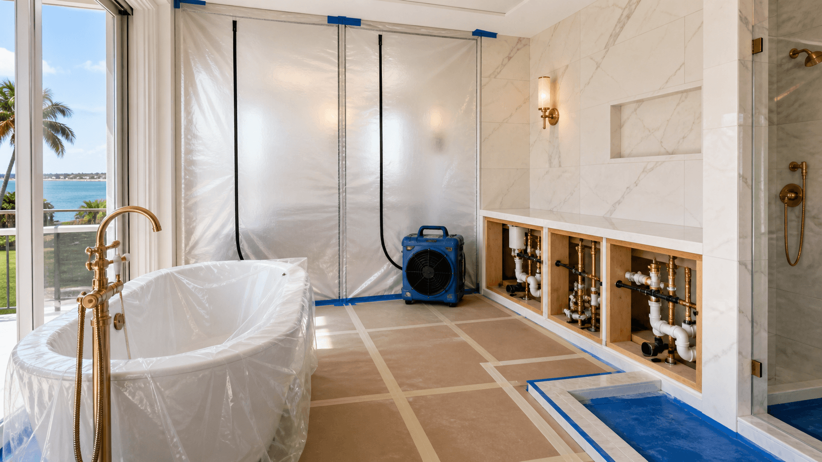 Bright coastal bathroom under renovation with exposed plumbing, tiled walls, and protective dust barriers.