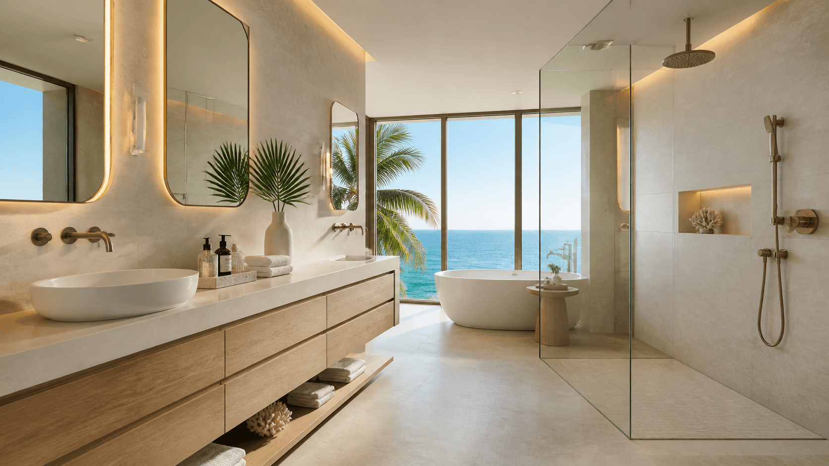Sunlit modern condo bathroom with white marble, a freestanding tub, glass shower, and soft beige accents.