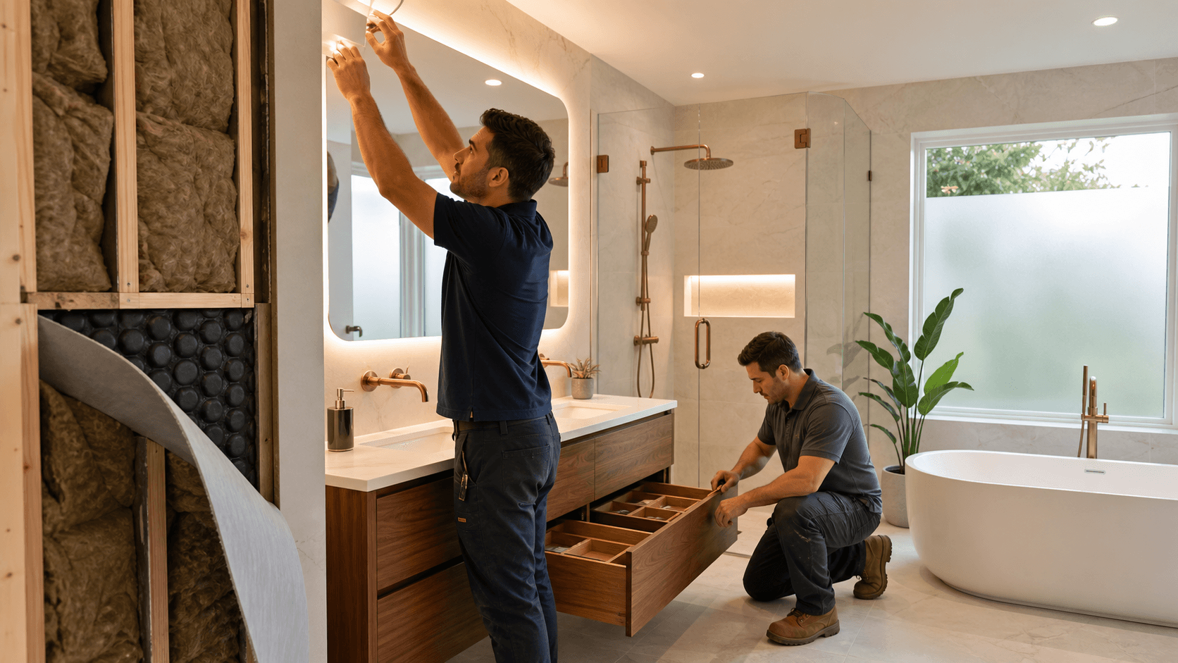 Elegant modern bathroom with marble walls, warm pendant lighting, floating vanity, and sleek built-in storage