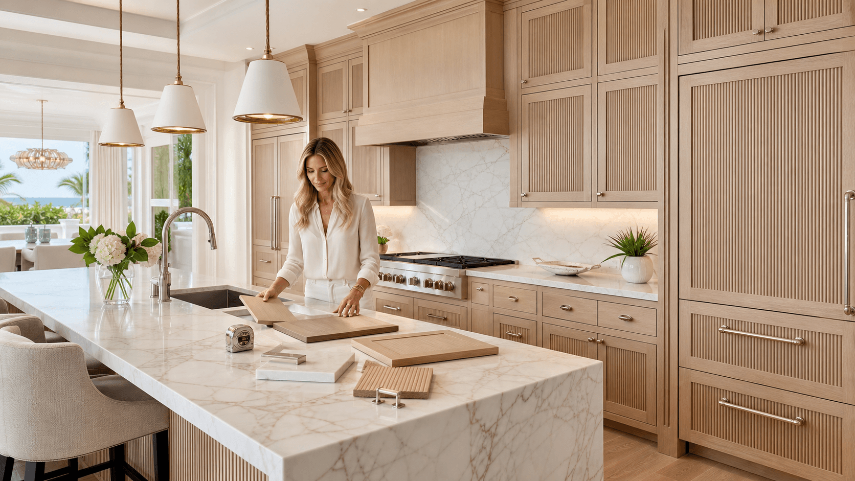 Bright white coastal kitchen with pale wood millwork, brass hardware, marble island, and sunlit windows