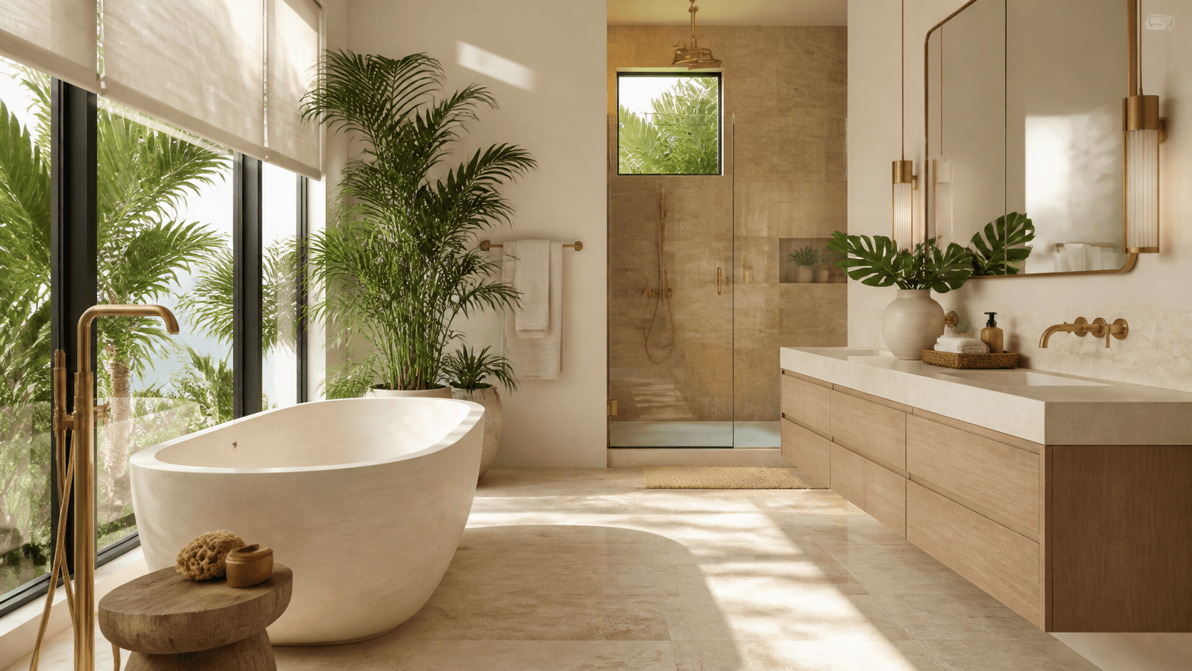 Sunlit modern coastal home with white stone walls, glass doors, lush palms, and a shaded pool terrace.