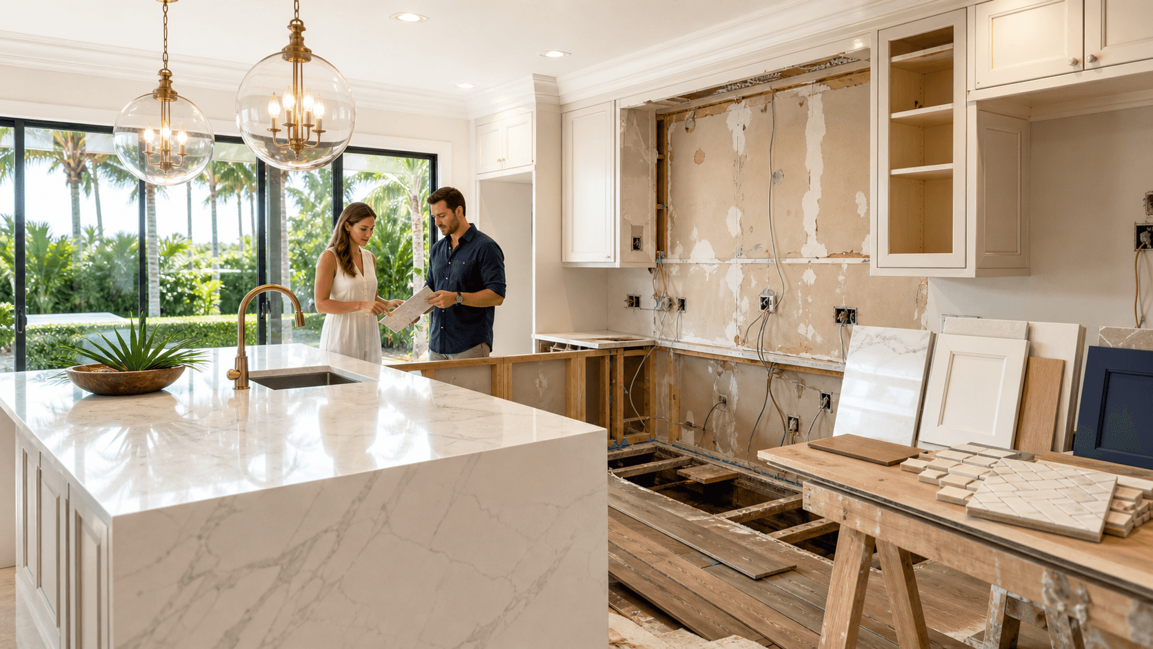 Bright white modern kitchen with marble island, pendant lights, and sunlight through large windows