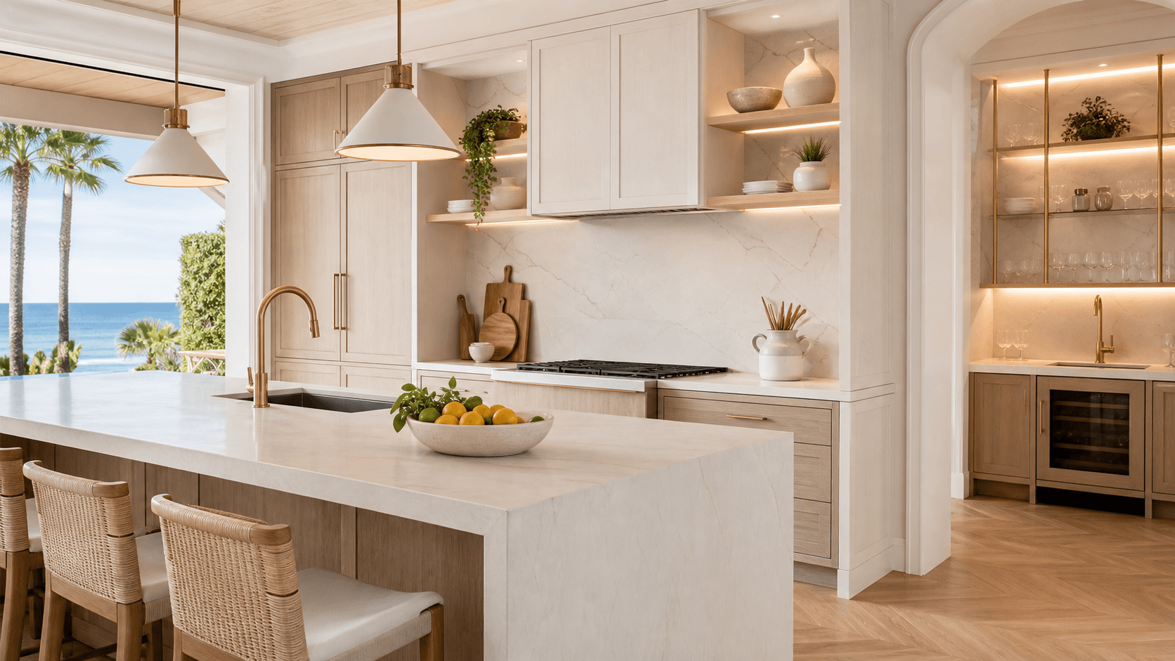 Bright white coastal kitchen with marble island, brass pendant lights, and pale wood cabinets in soft daylight