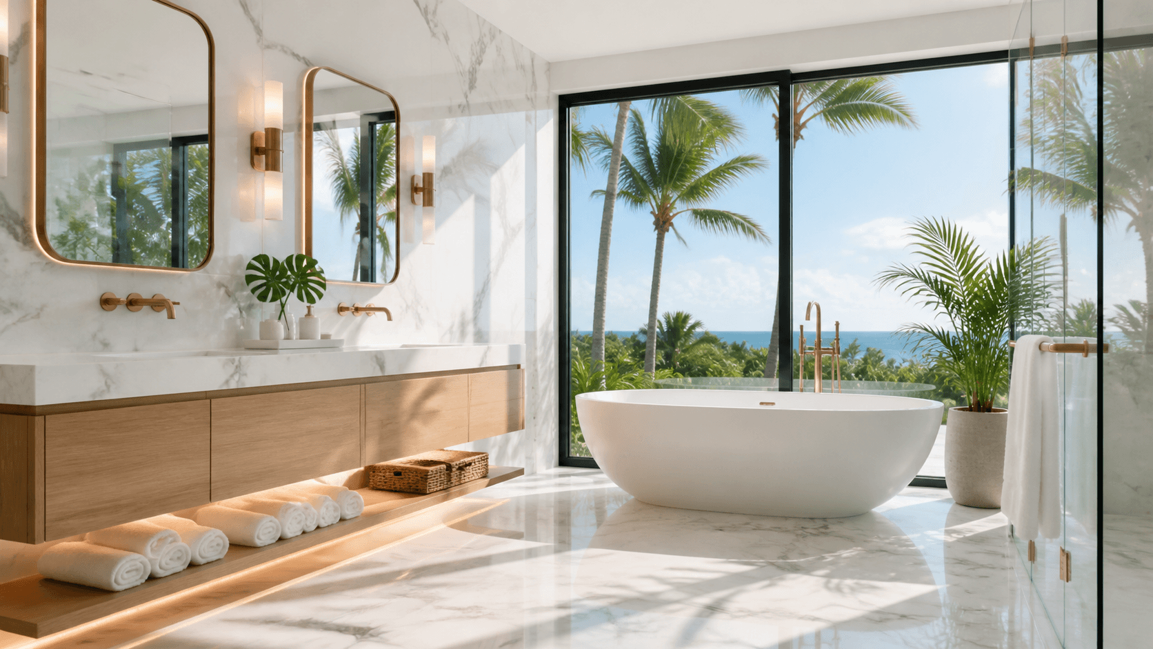 Elegant marble bathroom with brass fixtures, a freestanding tub, and stormy coastal light through large windows.