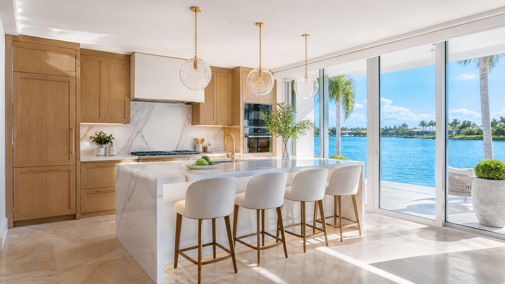 Bright white waterfront kitchen with a large island, brass fixtures, and ocean views through wide glass doors.